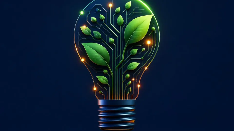 Lampadina fatta di circuiti e foglie